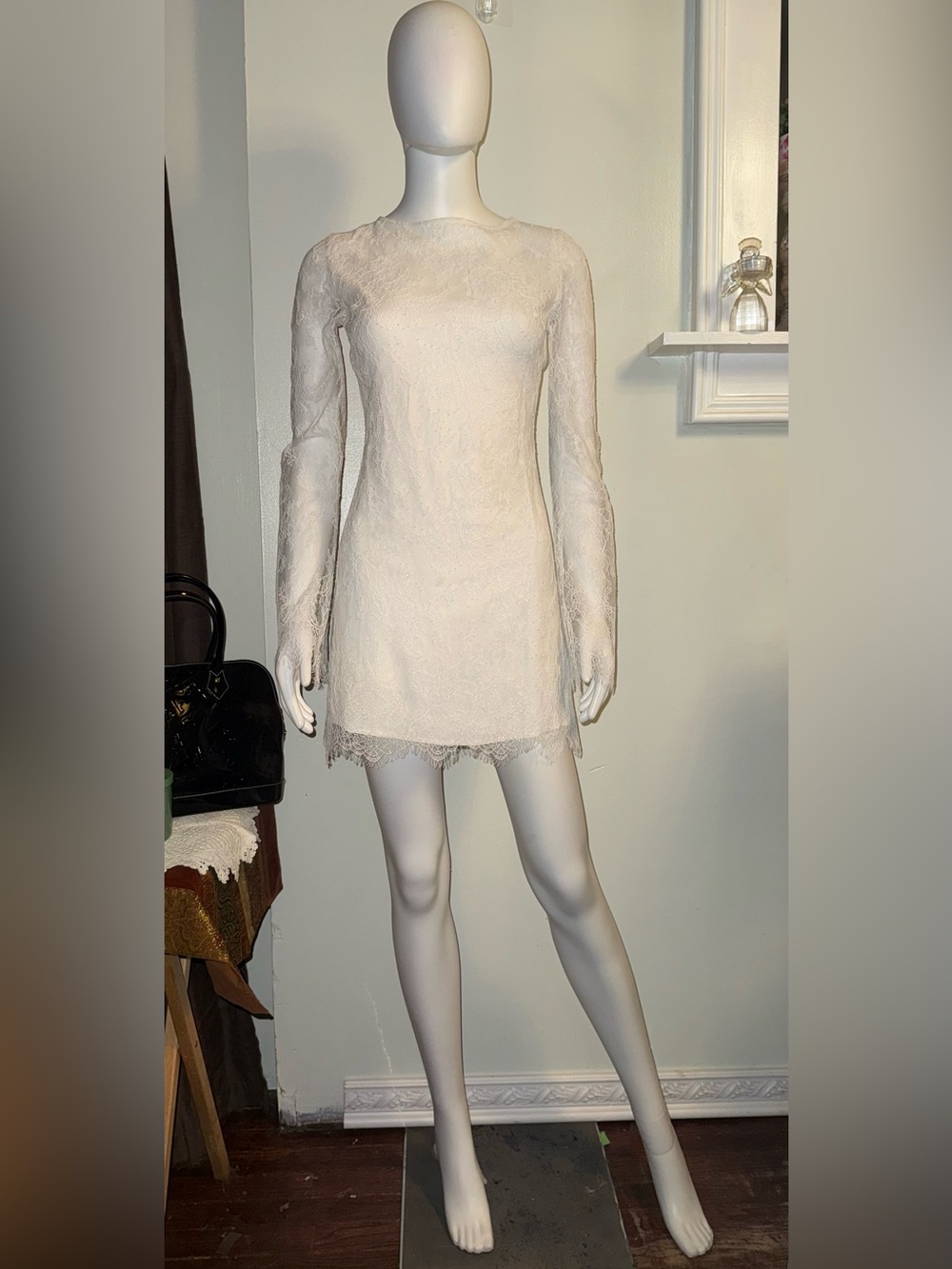 Reformation Ivory Valencia Lace Long-Sleeve Mini Dress